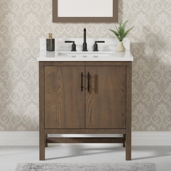 Solon 30" Single Bathroom Vanity, 31" W x 22" D x 34.5" H, Calacatta Sintered Stone Top with Sink & Backsplash, Dark Brown, Solid Wood, Pre-Assembled, 2 Soft-Closing Doors, Adjustable Feet.