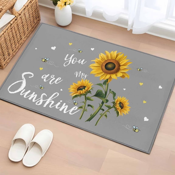 Sunflowers Entryway Rug 2'x3' Non Slip Front Door Mats, Spring Summer Bees Yellow Floral Grey Entrance Rugs Indoor Outdoor Carpet, Washable Floor Mats Small Area Rug for Bedroom Kitchen