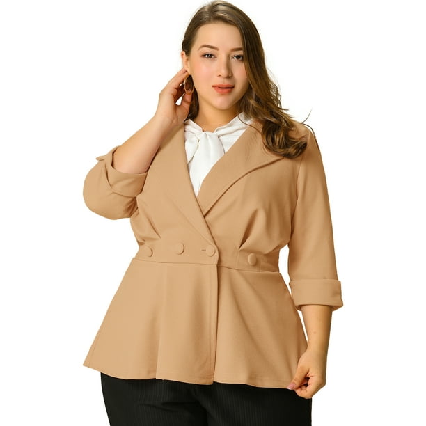 Women's Plus Size Ruffle V Neck Button Ruched Peplum Blazer Khaki 4X