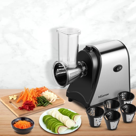 5-in-1 Electric Cheese Grater with 5 Blades – 250W One-Touch Shredder & Vegetable Slicer for Block Cheese, Fruits, Nuts