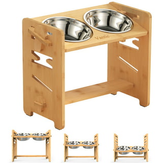 Dog Bowl Stand for Large Dogs - Height 14-inch, Adjustable, Lockable Width  (8-11 inches Wide) - Food, Water Feeder Holder - Bamboo Stand Only
