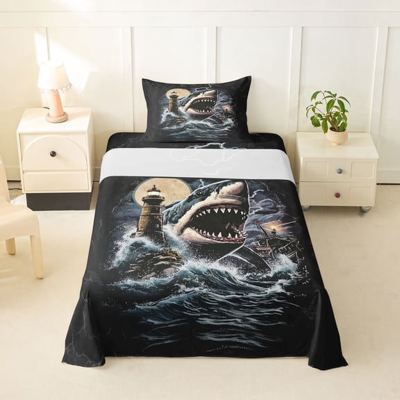 Feelyou Storm Lighthouse Shark Sea Twin Sheet Sets for Men Boys, Boat Nautical Marine Wildlife Bedding, Black Blue, 3pcs