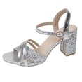 thumbnail image 6 of Rokment Sparkly Sequin Dressy Sandals for Women Bride Wedding Metallic Delicate Leather Pointed Toe Chunky Block High Heels Rhinestones Dress Pumps Summer Silver Size 6.5, 6 of 8
