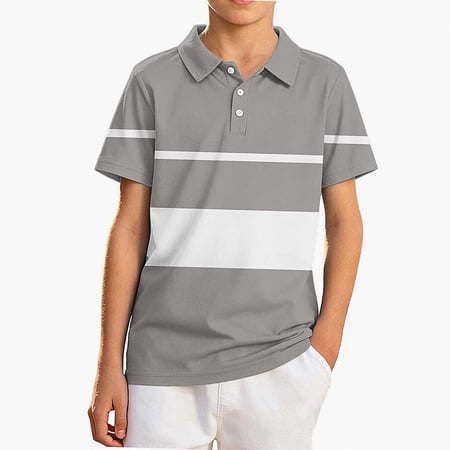 NORO ARK Kids Polo Shirt (5-15) Striped Season Lapel Short Sleeved Polyester Tops Gray Size 5T