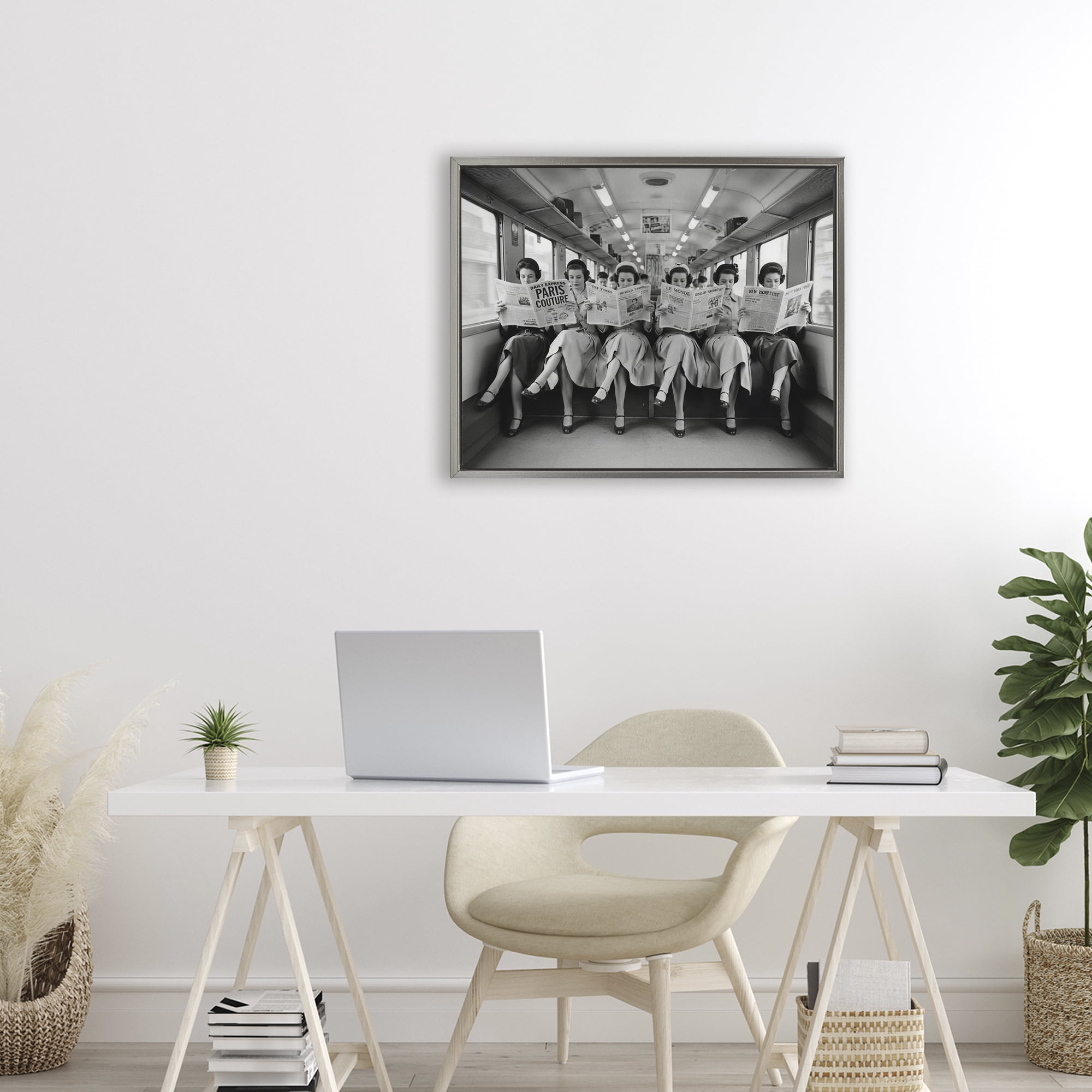 Stupell Industries Newsprint Ladies on Train Gray Framed Floater Canvas Wall Art, design by A Barefoot Stylist