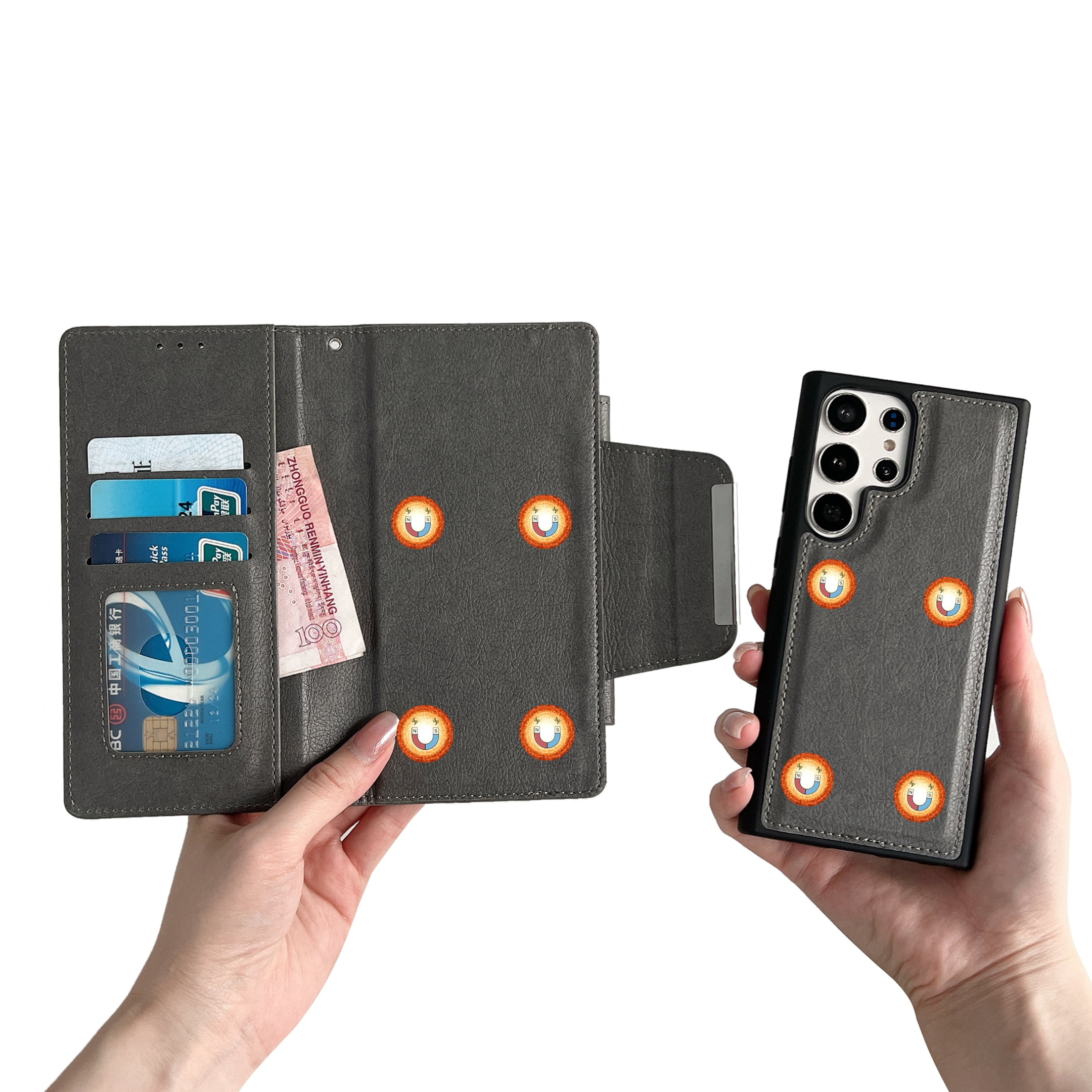 Designed For Samsung Galaxy S25 Wallet Phone Case,Detachable PU Leather Magnetic Flip,With Card Slots,Flip Folding Kickstand,Heavy Duty Anti-fall Shockproof Rugged Phone Case,Gray