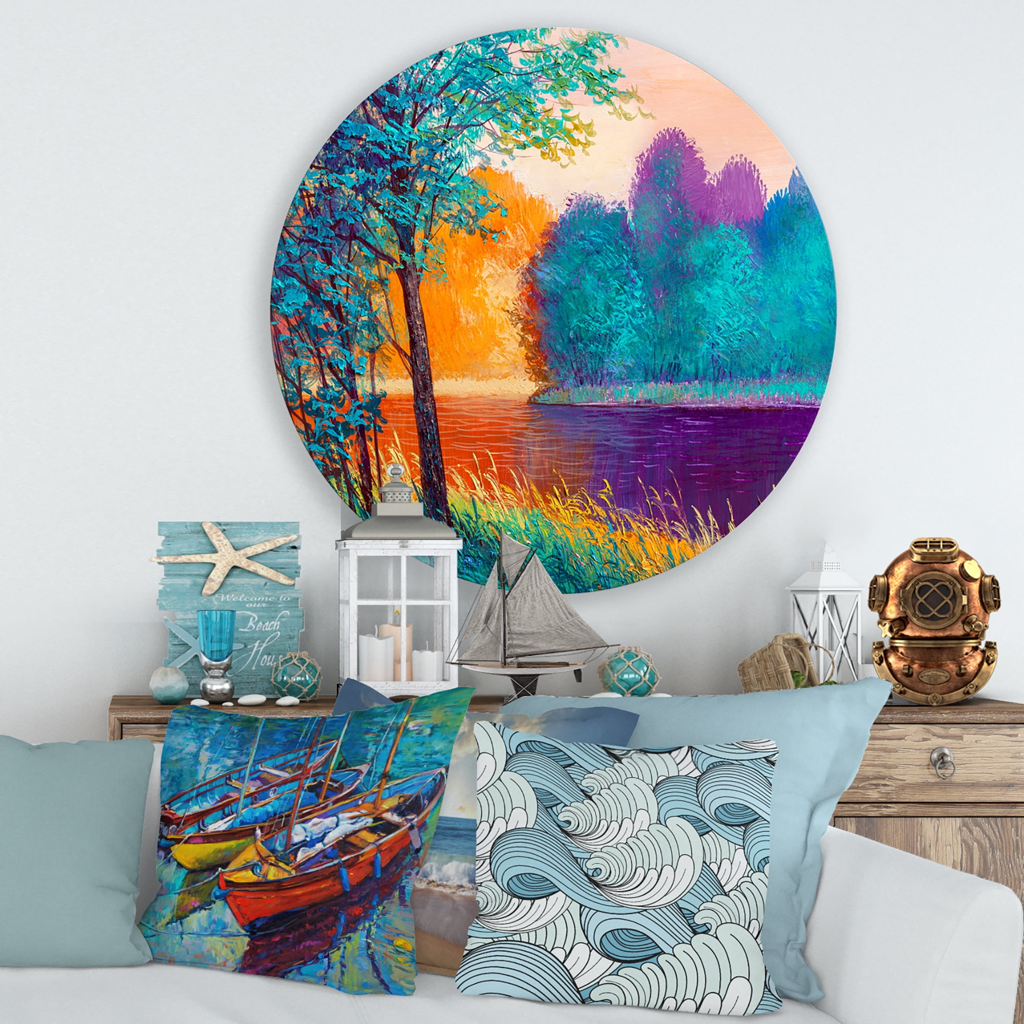 Designart 'Colorful Trees During Twilight Along River' Traditional Circle Metal Wall Art 36x36 - Disc of 36