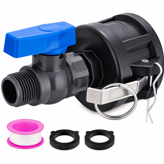 IBC Tote Adapter, 2" Cam Lock for 275-330 Gallon Water Tank, to 3/4" Male Garden Hose Thread with Shut-Off Ball Valve & Sealing Tape
