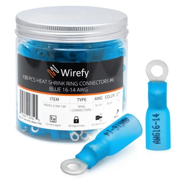 Wirefy Heat Shrink Ring Terminals #6 - Marine Grade Terminal Connectors - Waterproof Eyelet Wire Connectors - Red 16-14 AWG - 130 PCS