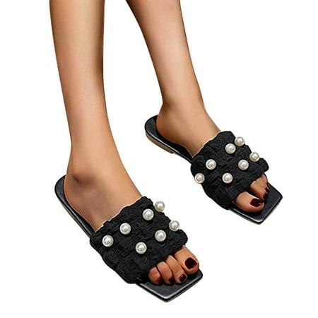

uikmnh Slippers for Women Sandals For Women Solid Flat Rhinestone Slippers Sandals Casual Shoes Black 10