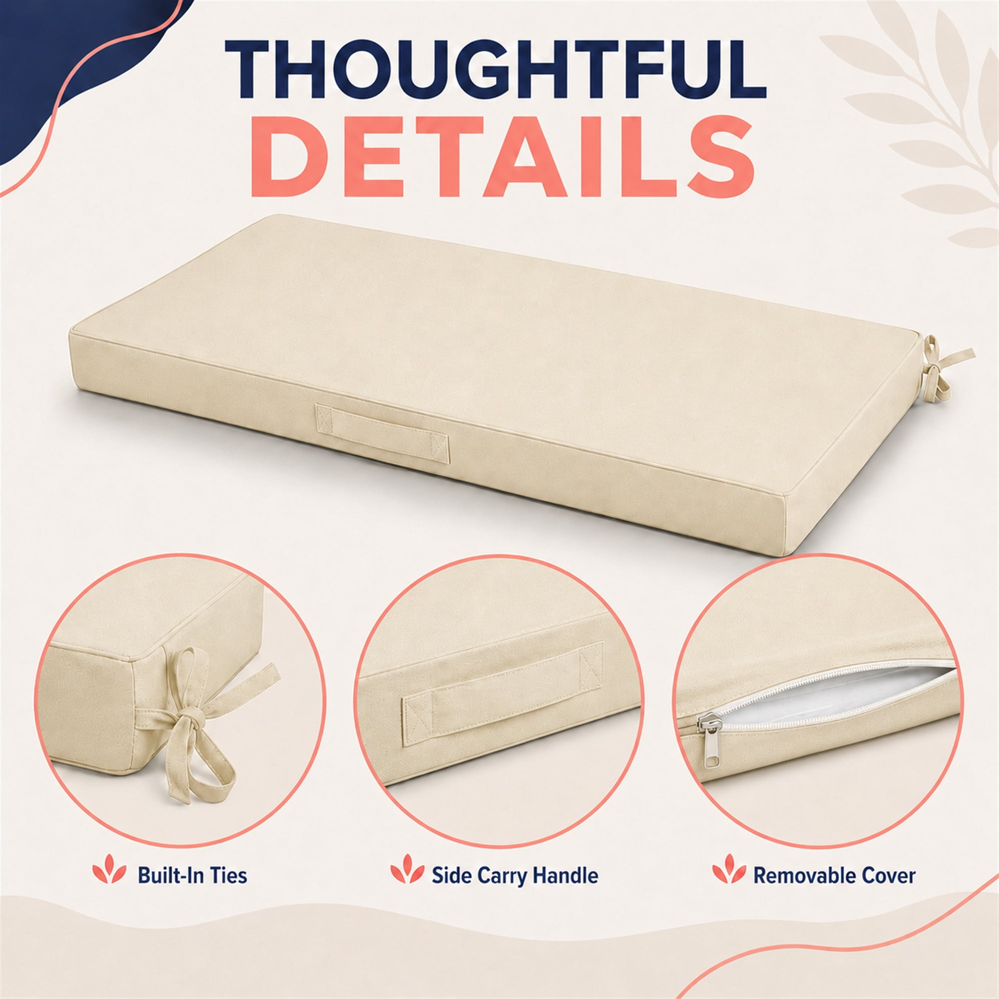 Millsilo 45" x 18" x 3" Outdoor Bench Cushion with Removable Cover, Water-Repellent UV Fade-Resistant Patio Cushion, High-Density Foam, Non-Slip Ties, Beige