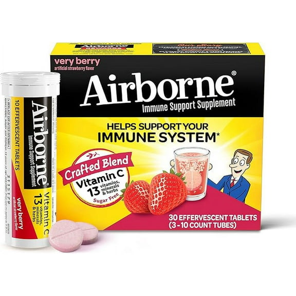 Airborne 1000mg Vitamin C with Zinc, SUGAR FREE Effervescent Tablets, Immune Support Supplement with Powerful Antioxidants Vitamins A C & E - 30 Fizzy Drink Tablets, Very Berry Flavor