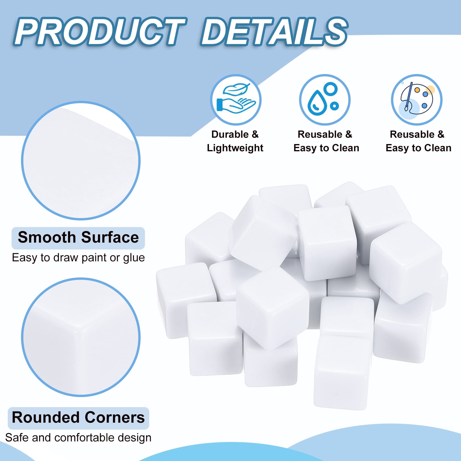 25 mm Acrylic Dice Blank, 20 Pcs Standard Game Dice Square Corner for Board Games Teaching, White