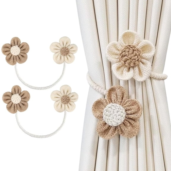 Rope Curtain Tiebacks 2 Pack | Sunflower Curtain Tieback Boho | Simple Elegant DIY Curtain Holdbacks | Accessories Wall Decoration for Home Office | Cream&Khaki