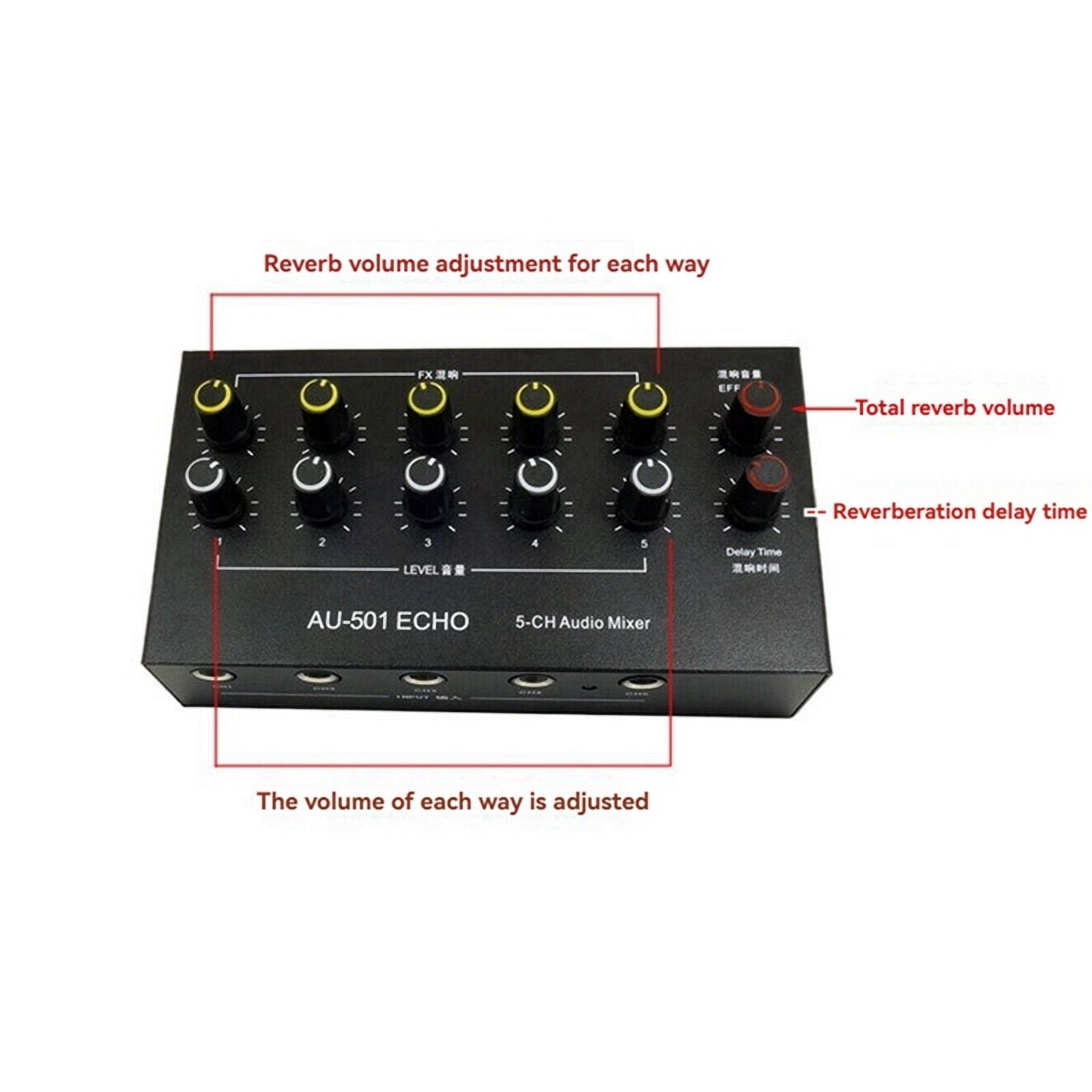 5-Channel Audio Mixer Portable Mini Microphone Extender Mixing Console with Reverb Type-C Rechargeable B
