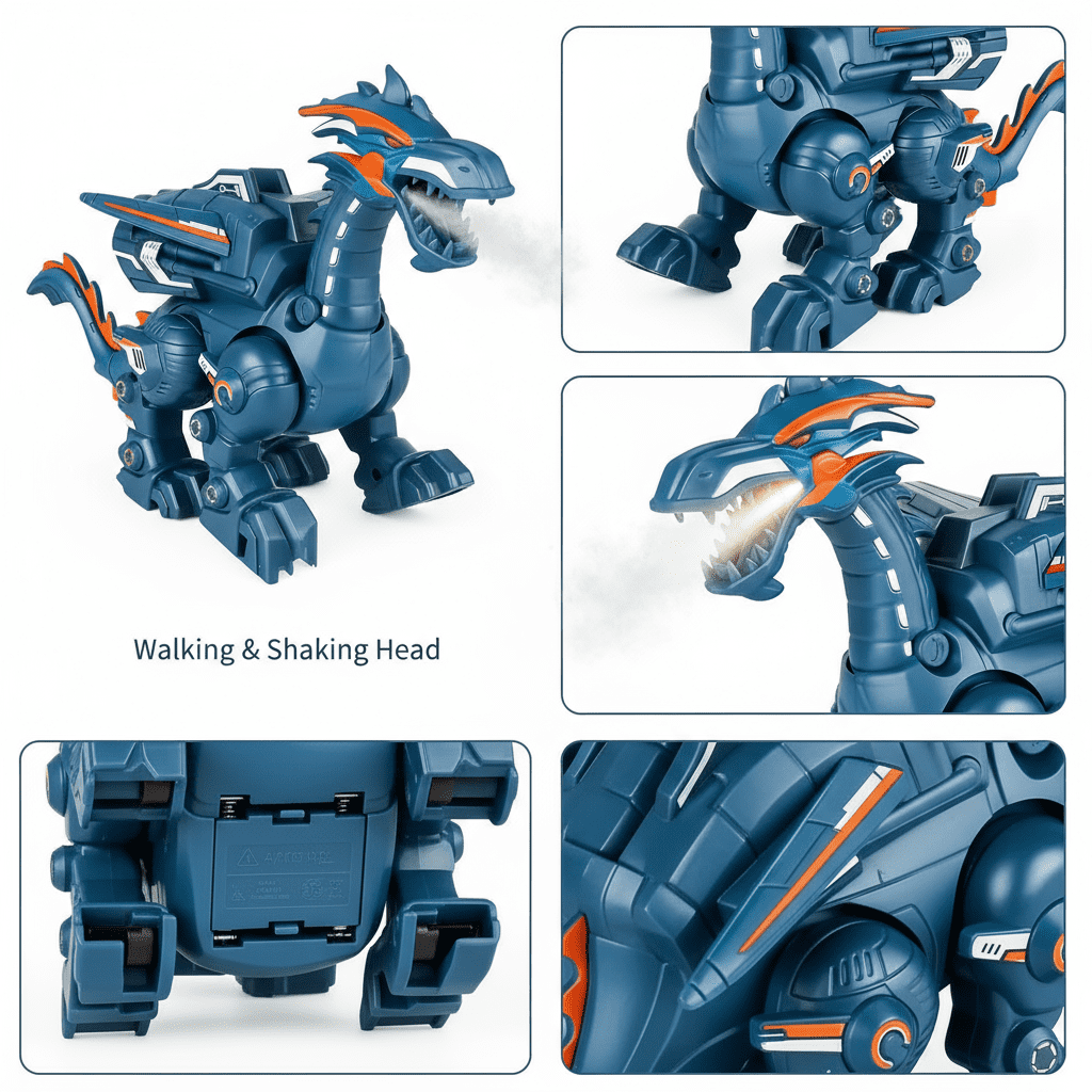Blue Walking Dinosaur Robot with Mist Spray and LED Lights – Interactive STEM Toy for Kids Ages 3–12, Great Gift for Birthdays and Parties