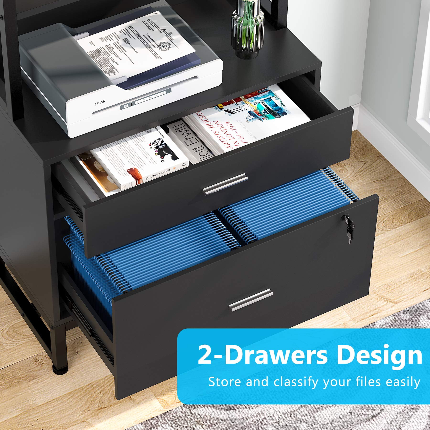 Tribesigns 2 Drawer Locking File Cabinet with Bookshelf Black Durable Storage