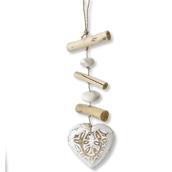 Heart Driftwood Hanging Coastal Decor - Beach Wood Stone Garland Indoor Outdoor Patio Garden Gift 15" White
