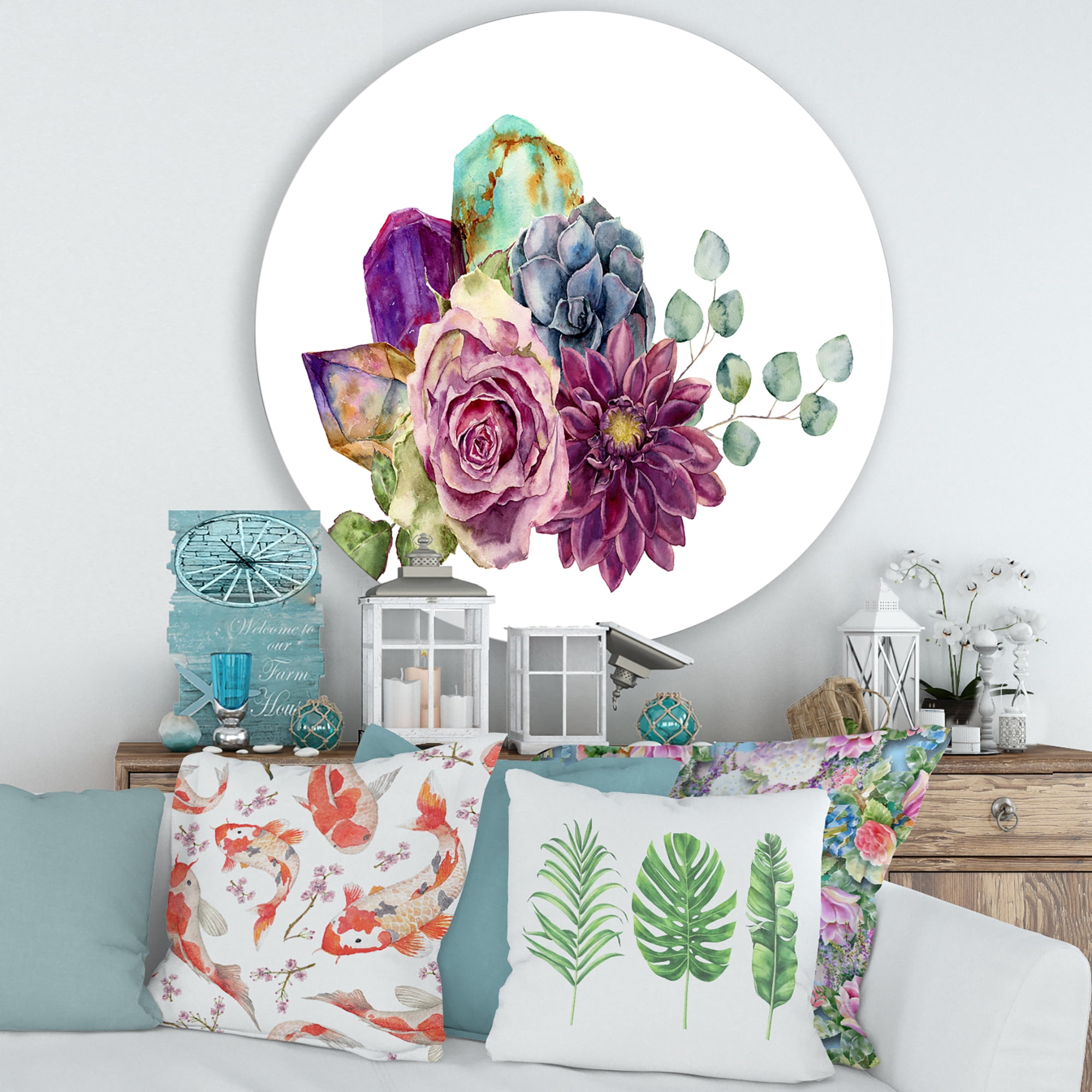 Designart 'Bouquet of Succulents Eucalyptus With Flowers' Traditional Circle Metal Wall Art 36x36 - Disc of 36