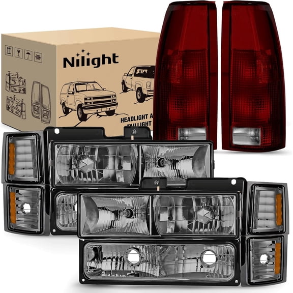 Nilight Headlight and Taillight Assembly Combo Compatible with 1994 1995 1996 1997 1998 Chevy Silverado Tahoe Suburban C10 C/K 1500 2500 3500 Tail Light Chrome Housing Amber Reflector Smoke Lens