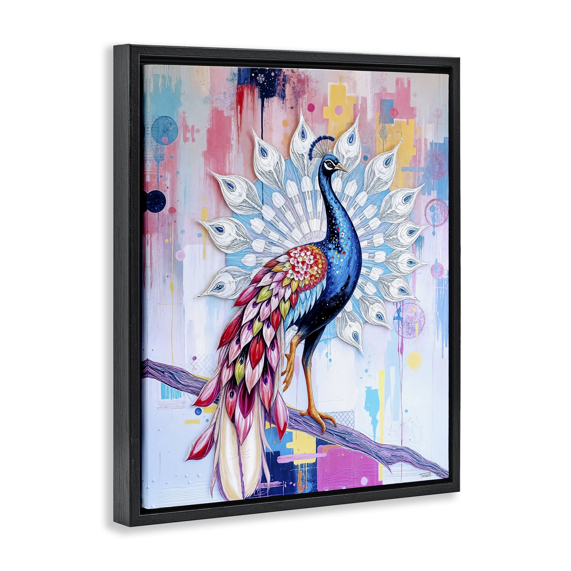Stupell Industries Radiant Peacock on Branch Black Framed Floater Canvas Wall Art, design by Tabz Jones
