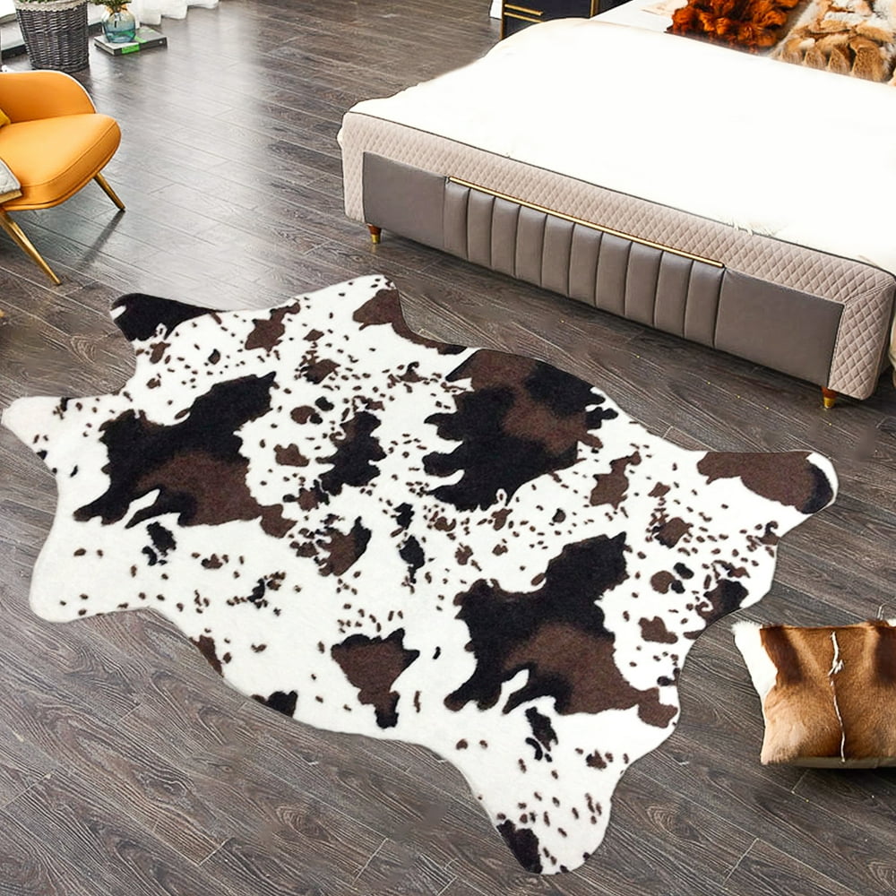 Cow Print Faux Fur Area Rug, NonSlip Animal Print Carpet Mat for