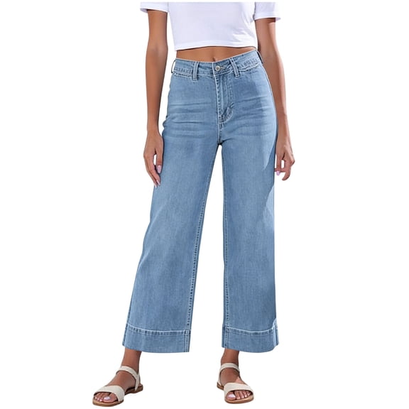 Karight Womens High Waisted Wide Leg Cropped Jeans Button Closure Casual Denim Pants with Cuffed Hem