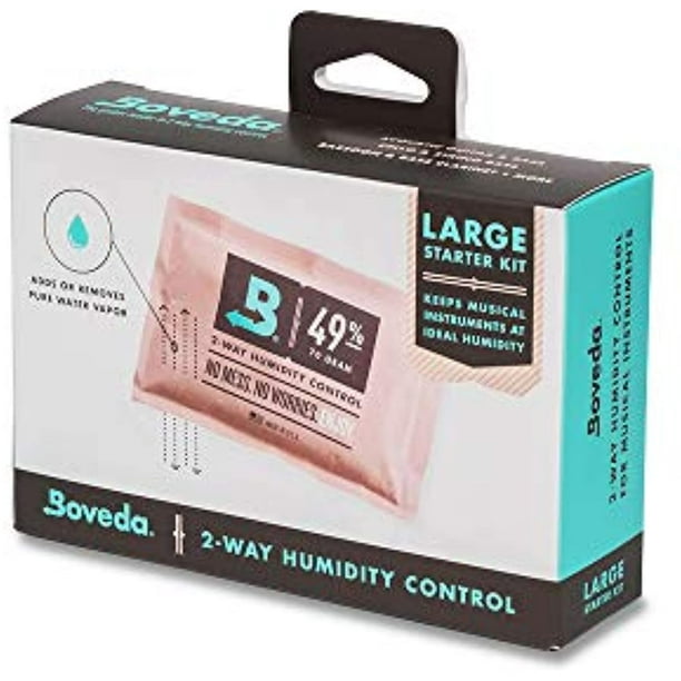 Boveda for Music, 2-Way Humidity Control Large Starter Kit for  Fretted/Bowed Wood Instruments (Acoustic Guitars and More), Includes (4)  Size 70 Boveda 49% RH and (2) Double Fabric Holders