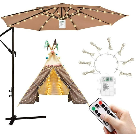 Guirlande Lumineuse pour Parasol de Patio, 8 Modes 104 DEL à Piles, Lumière de Parasol d'Extérieur Étanche, Fil Argenté, Blanc Chaud