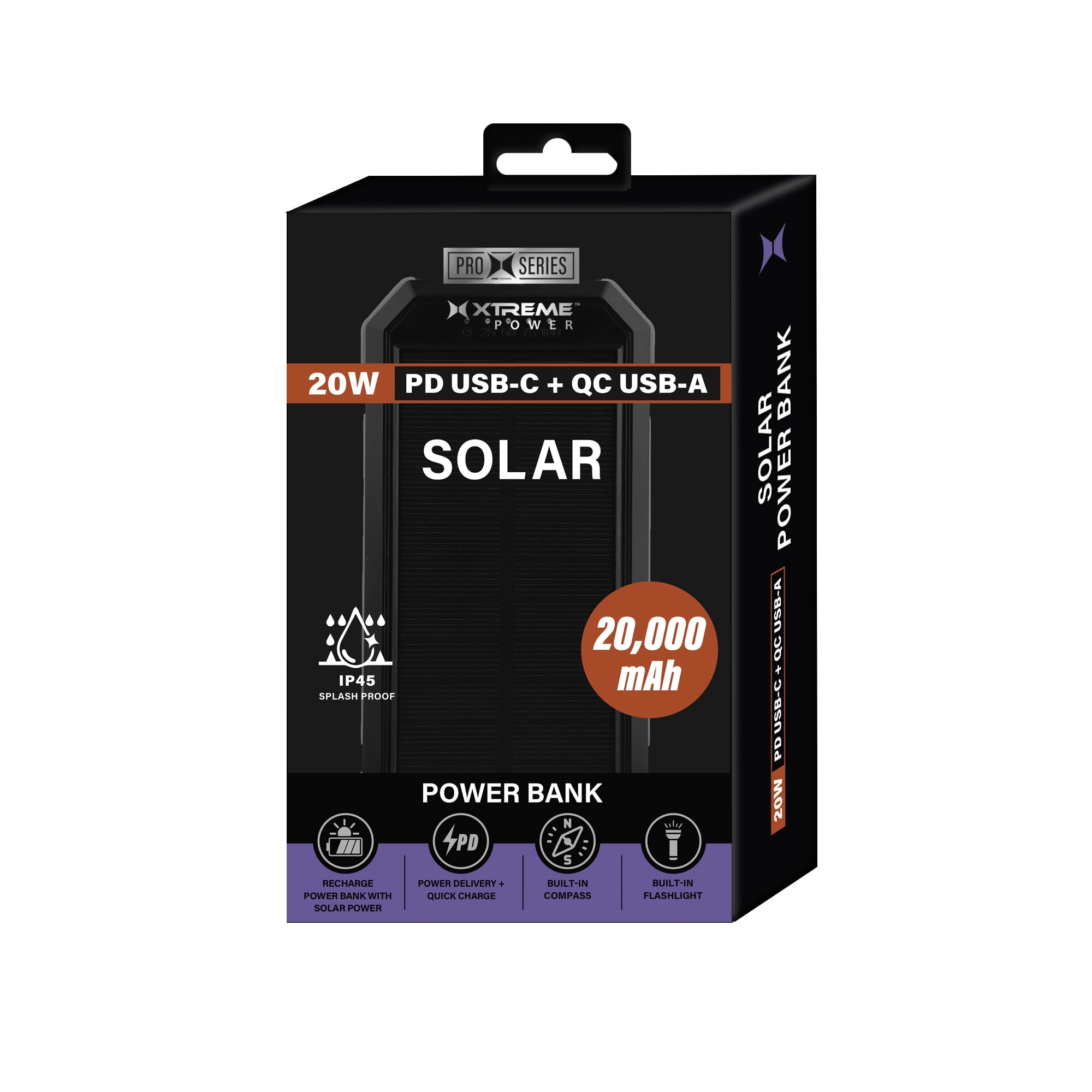 Xtreme 20000mAh Solar Power Bank Portable Charger, Fast Charging 20W PD USB-C QC USB-A External Battery Pack for iPhone Android Phones