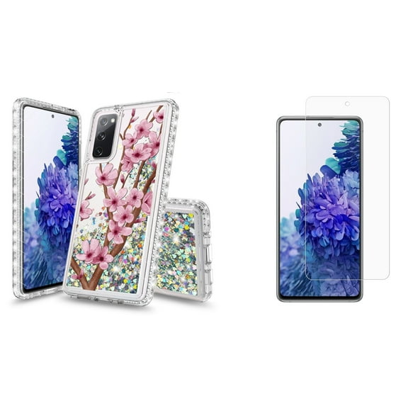 Bemz Liquid Quicksand Case for Samsung Galaxy S20 FE (with 2 Pack of Tempered Glass Screen Protectors and Touch Tool) - Cherry Blossom
