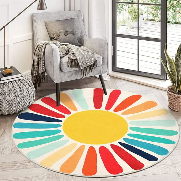 GlowSol 4x4 Round Rug Colorful Nursery Rug Washable Circle Area Rug Sun Print Kids Rug Modern Non-Slip Non-Shedding Floor Cover for Home Decor, Red/Orange