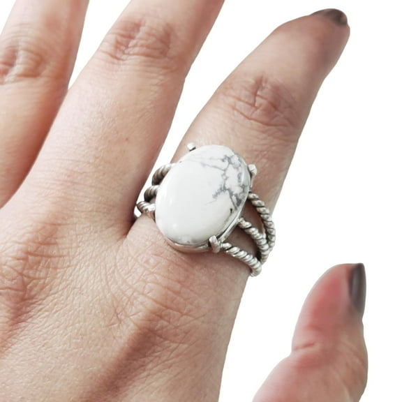 Natural Howlite White Turquoise Ring, Howlite Gemstone Ring, 3 Twisted Bohemian Band, 925 Sterling Silver, Womens Ring, Christmas, Thanksgiving, Handmade, Statement Jewelry, Natural Gemstone Ring