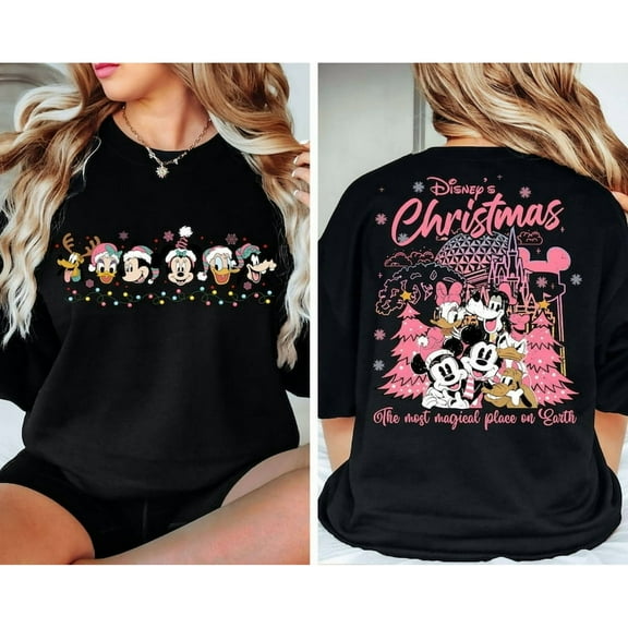 Retro 2-Sided Disney Christmas Pink Lights Shirt, Cute Mickey And Friends Xmas Tshirt, Disney Mickey's Very Merry Christmas Sweatshirt,Santa