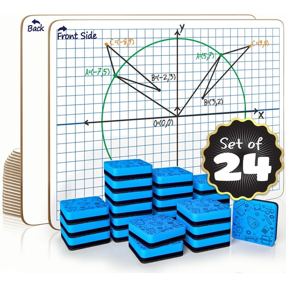 Scribbledo 24 Pack Dry Erase XY Axis Graph Lap Board 9" X 12" for Student and Classroom Use, Math White Board - Double Sided With 24 Erasers Included