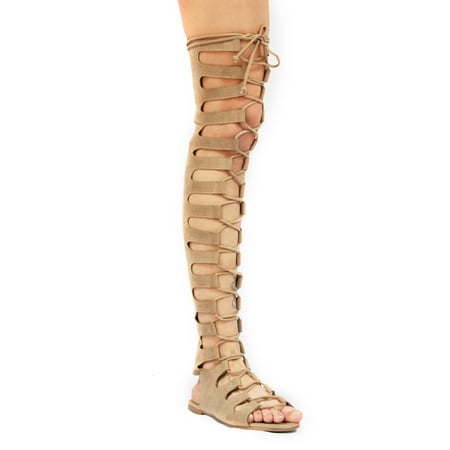 

Static Fashion Womens Over The Knee Strappy Suede Lace Up Gladiator Sandals Nude 8