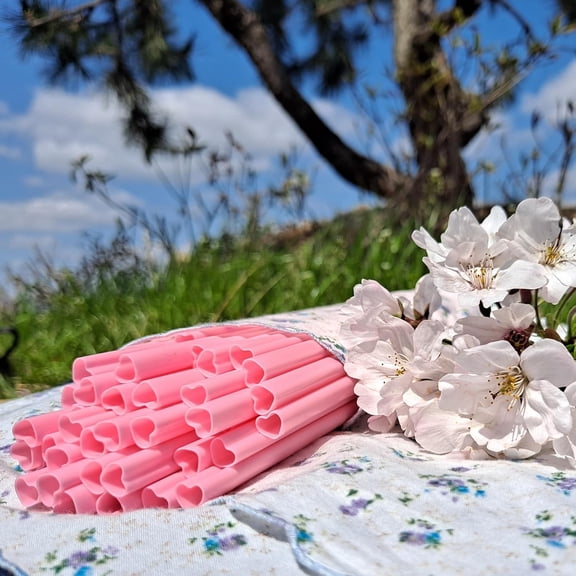 150 Pack Heart Shaped Pink Straws, Disposable Drinking Straws, Cute Plastic Straws for Party, Ideal for Galentines Day, Bridal Shower, Birthday, Cocktail & Wedding Decorations