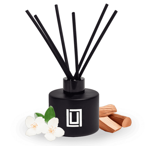 Reed Diffuser Set, Jasmine, Oud & Sandalwood, 6 Reed Sticks, Scent Diffuser for Bedroom Bathroom Living Room & Office - 4.2 FL Oz.