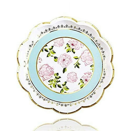 Kate Aspen Floral Paper Plates, Disposable Party Plates for Birthday & Tea Party, Baby Shower, Wedding and Anniversary, 9 Inch (Blue, 4 Set of 8, 32 Pcs)