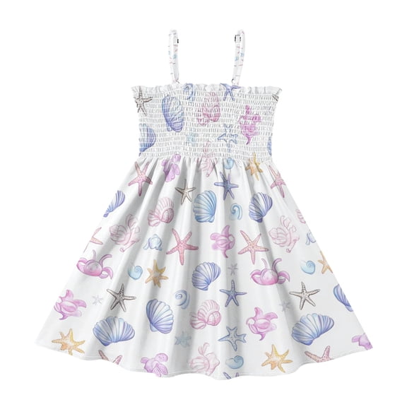 Little Girls Sleeveless Sundress Pleated Ruffle Trim Smocked Top Casual Spaghetti Strap Summer Dress Watercolor Seashells 2Y