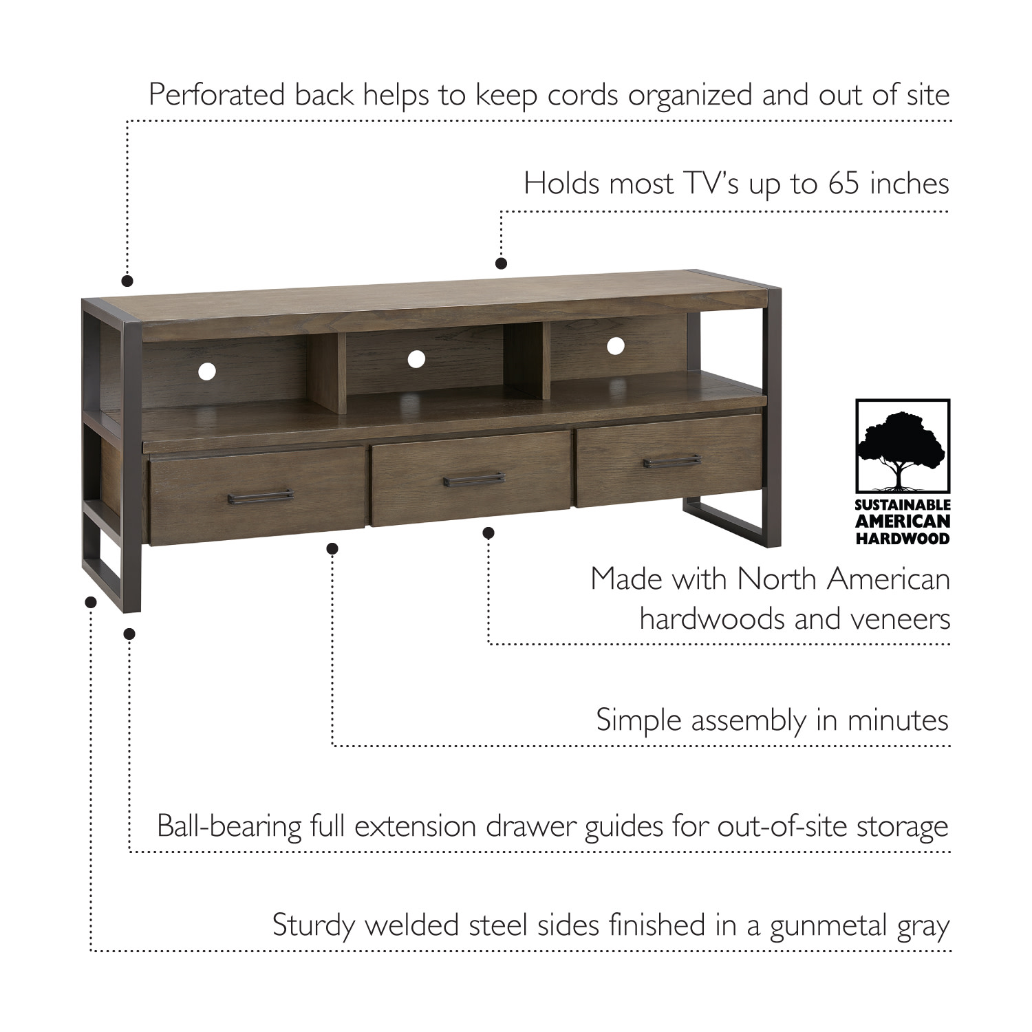 Leick Home Ender Mixed Metal and Wood TV Stand for TVs up to 65", Smoke/Gunmetal Gray