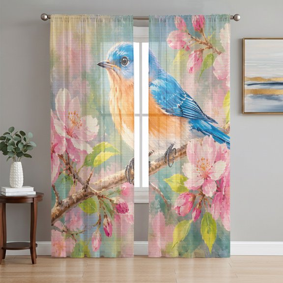 Blue Bird Sheer Curtains 63 Inch Length 2 Panels Set, Pink Cherry Blossom Branch Pastoral Plants Voile Window Treatment Rod Pocket Curtains Sheers Drapes for Bedroom/Living Room/Kitchen 52x"63"x2
