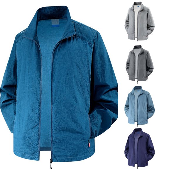 FINALGANG Mens Stand Collar Zip Up Solid Color Lightweight Windbreaker Loose Fit Outdoor Sports Travel Breathable Casual Jackets For Daily Wear Casual Top Blue XXXXL