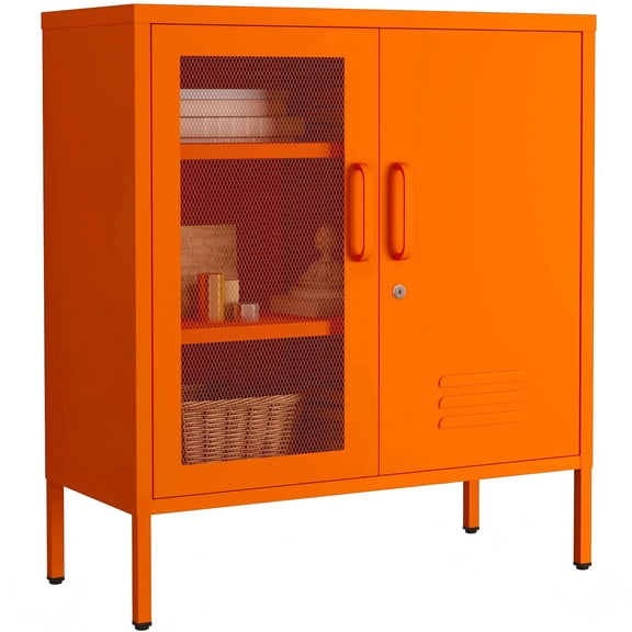 Accent Cabinet Locker, Lockable Storage Cabinet with Mesh & Metal Doors, 3-Tier Heavy Duty Steel Cabinet with 2 Adjustable Shelves, for Living Room, Home Office Orange 33"H x 29.5"W x 13.8"D