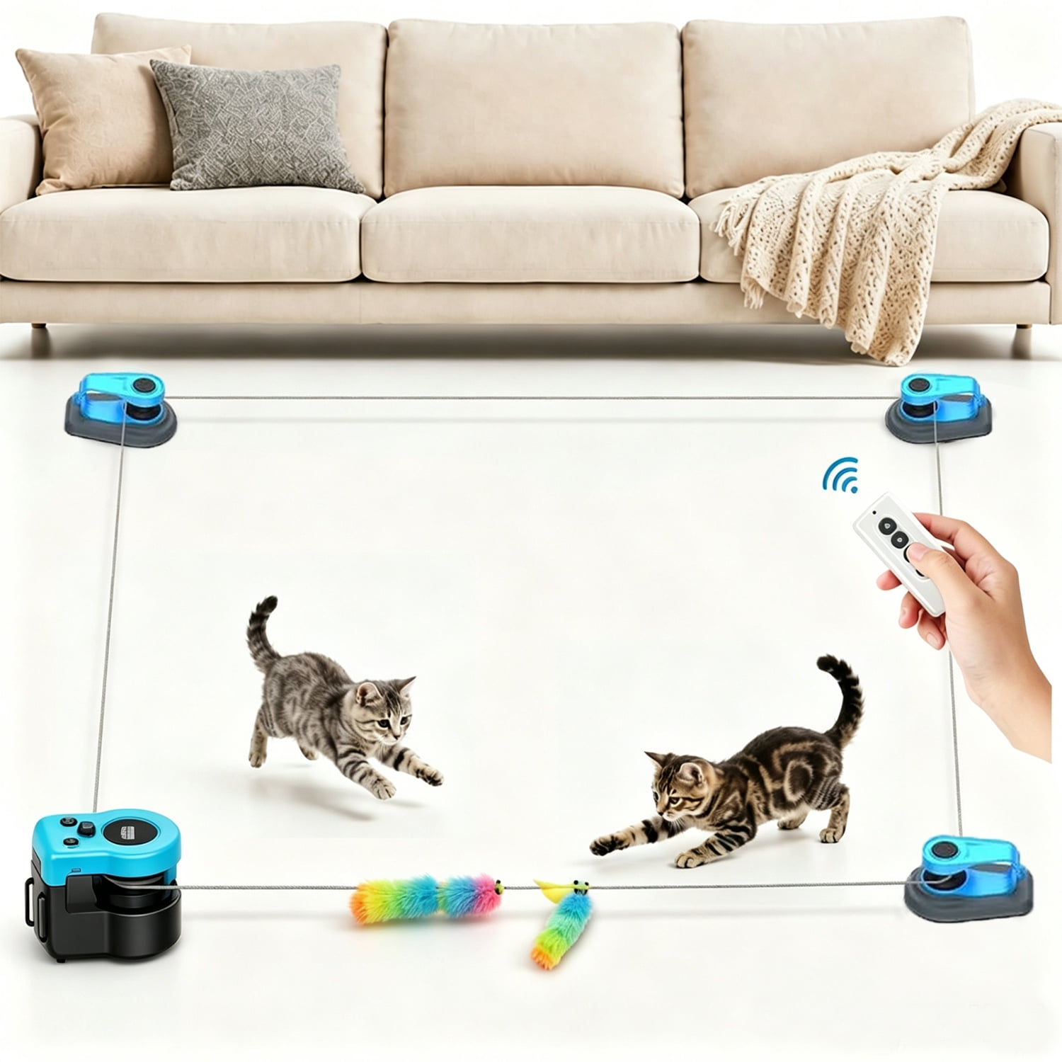 Pet Deluxe Interactive Cat Toy for Indoor Cats, Cat Feather Toy Treadmill for Bored Kitten Puppy Play Chase Run Exercise, Auto/RC Control DIY Cat Mouse Hunting Toy-Sky Blue