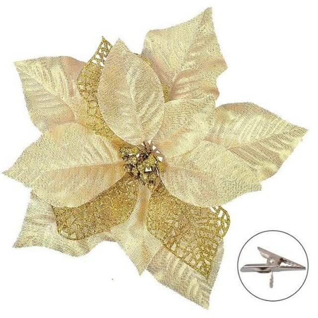 Gold Simulation Christmas Flowers 20Cm Red Velvet With Gold Powder Christmas Tree Decorations Rattan Decorative Accessories 10Pc Set For Holiday Home Party Decor Gold