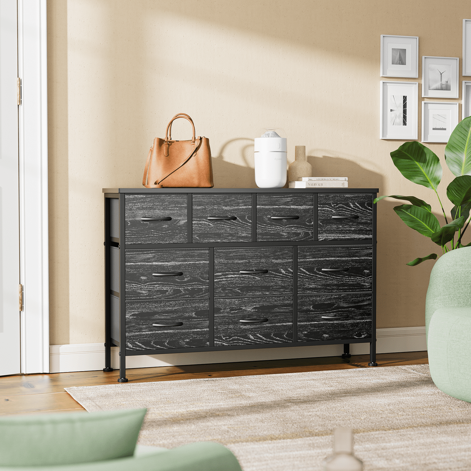 GIKPAL Dresser TV Stand, 10 Drawer Dressers for Bedroom with Power Outlet, Chest of Drawers for 55" Long TV, Fabric Dresser for Storage and Organization, Black