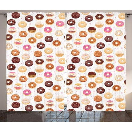 Restaurant Decor - Pink Curtains 2 Panels Set, Donuts and Little Hearts Pattern Colorful Yummy Delicious Dessert Cafeteria Restaurant Art, Living Room Bedroom Decor, Pink Brown, by Ambesonne