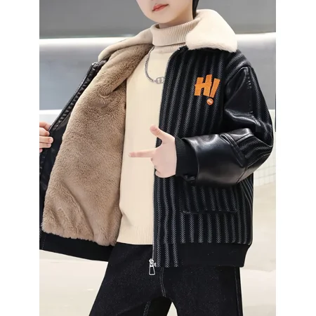 

GEDER-FABoys Black Striped Leather Coat Fleece Thickened Jacket Warm Casual Fashion Coat For Winter