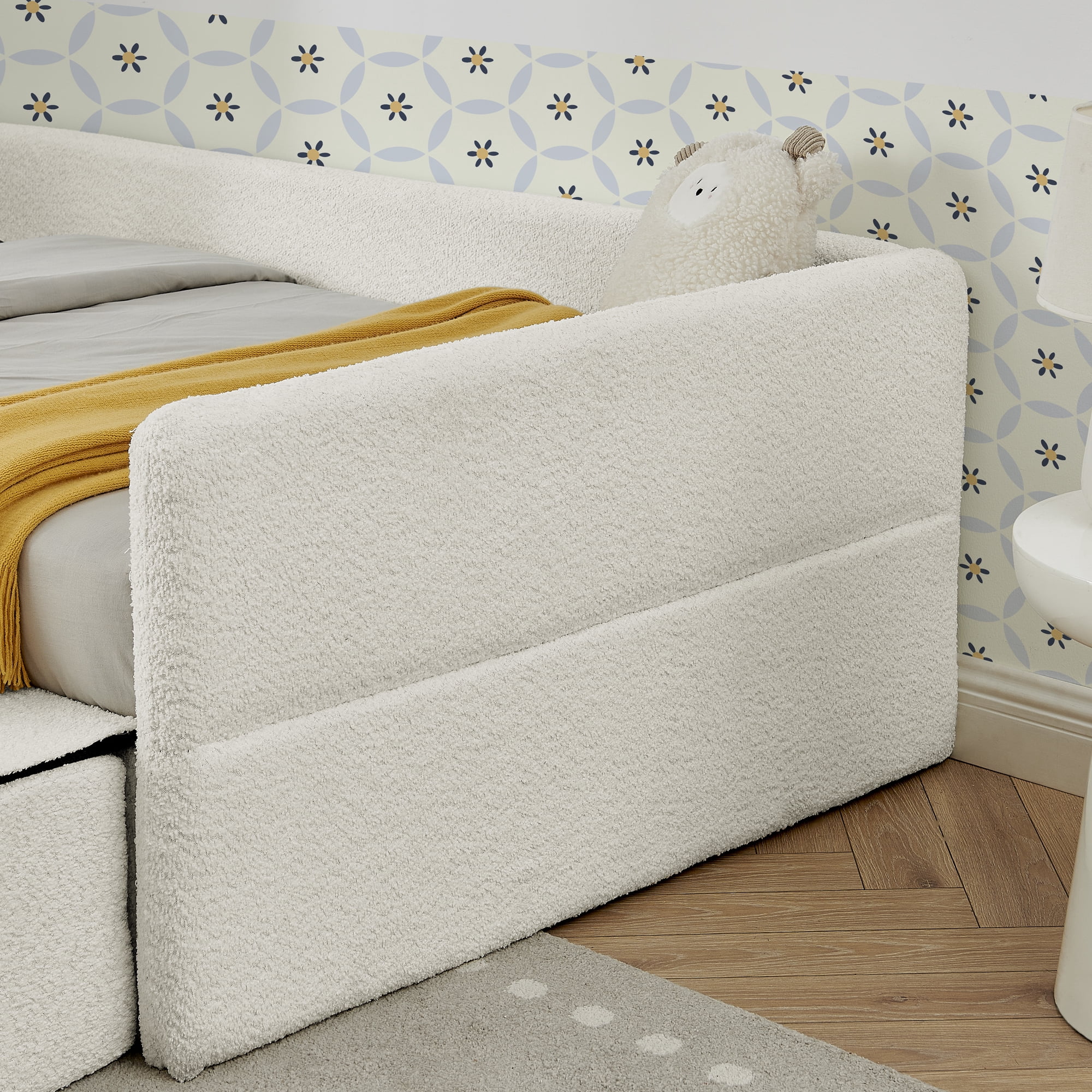 T-Joy Multi-Functional Kids Bed with Guardrails and Storage, Boucle Wooden Platform Bed with Safety Step Stool, Twin Size, Beige